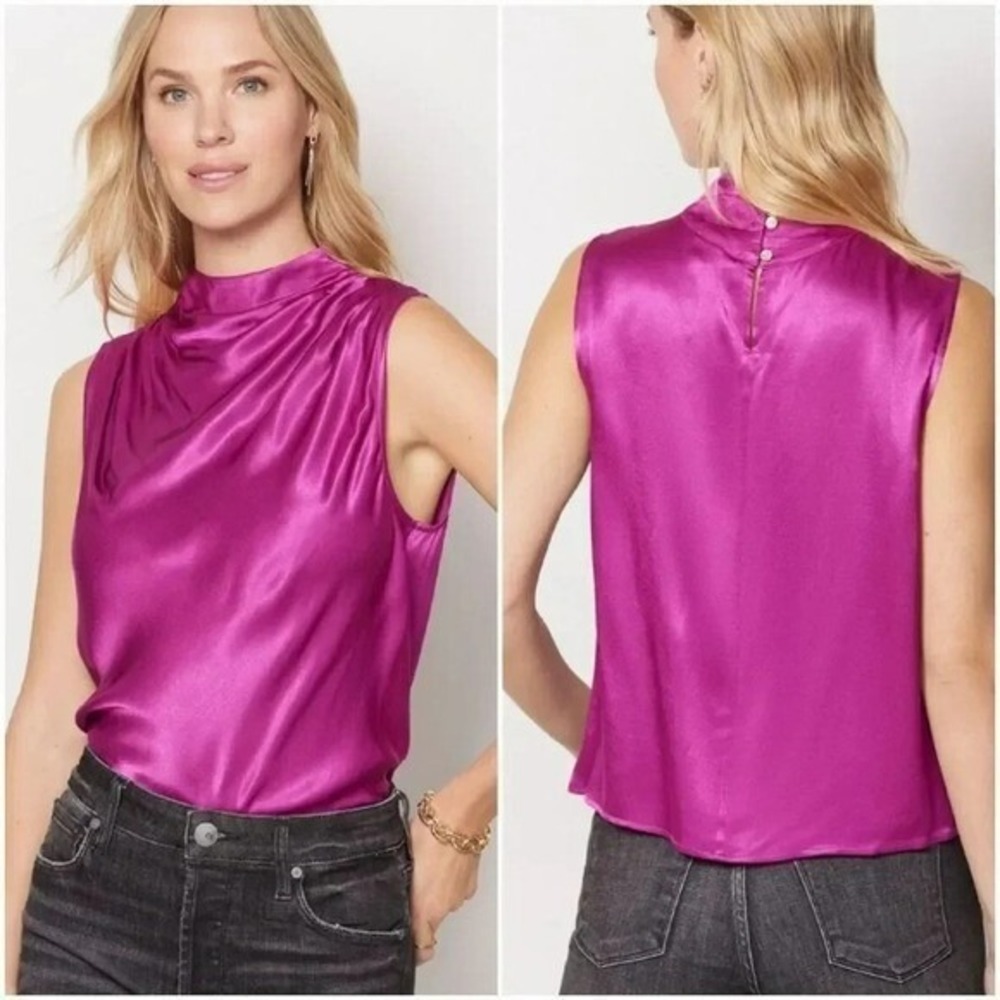 RAILS NEW Kaleen Fuchsia Radiance Ruched Funnel Neck Satin Top SZ XXL Old Money